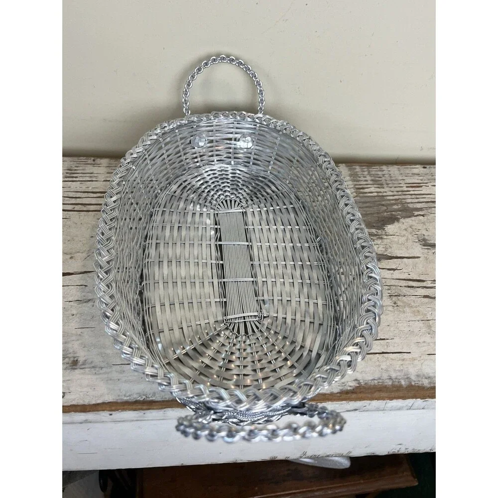 Vintage French Oval Metal Edge Woven Wire Bread Basket 14”x 8” Flower Details